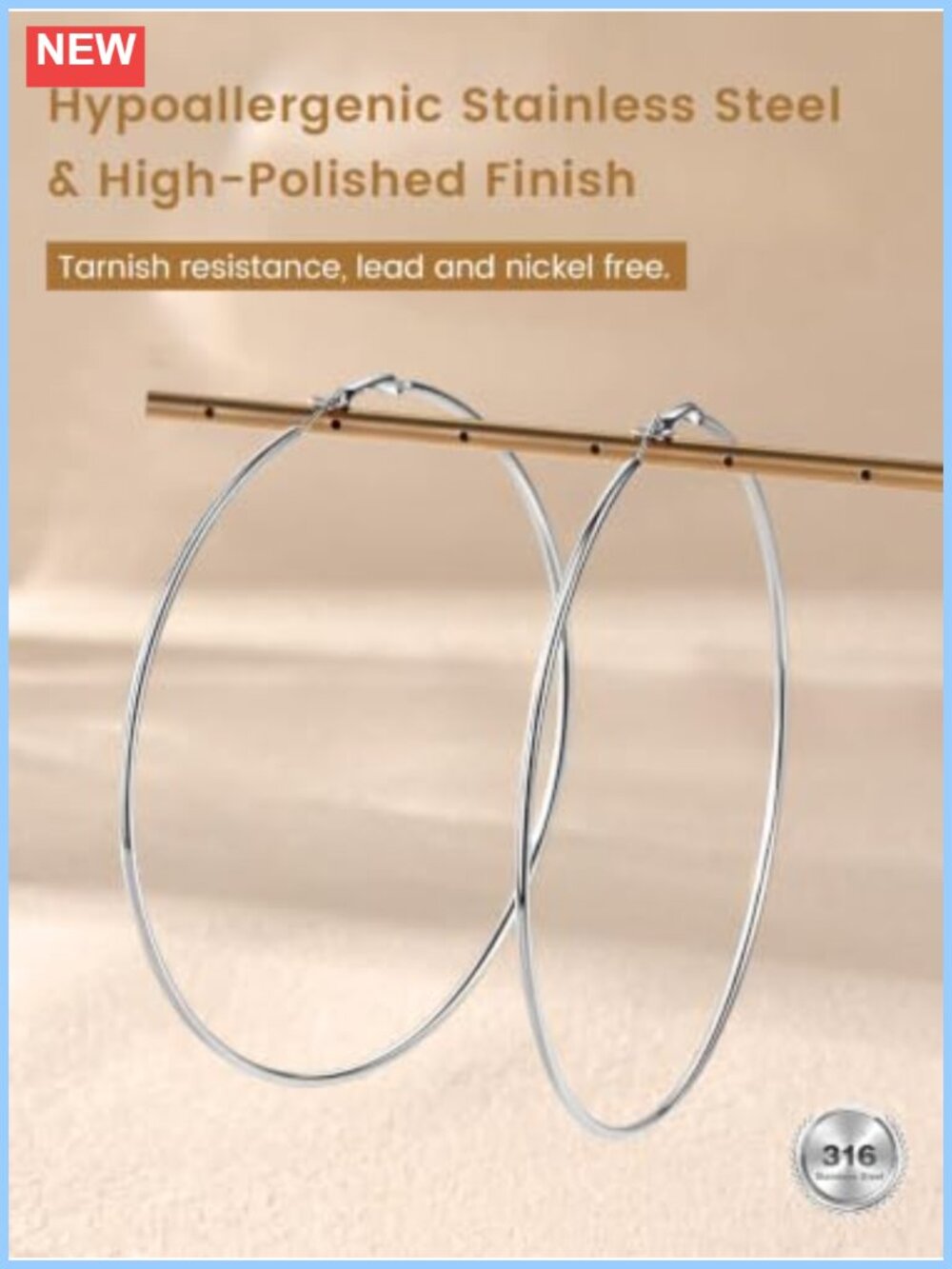 Large Hoop Earrings, Stainless Steel, Hypoallergenic, Lightweight - Picture 4 of 6